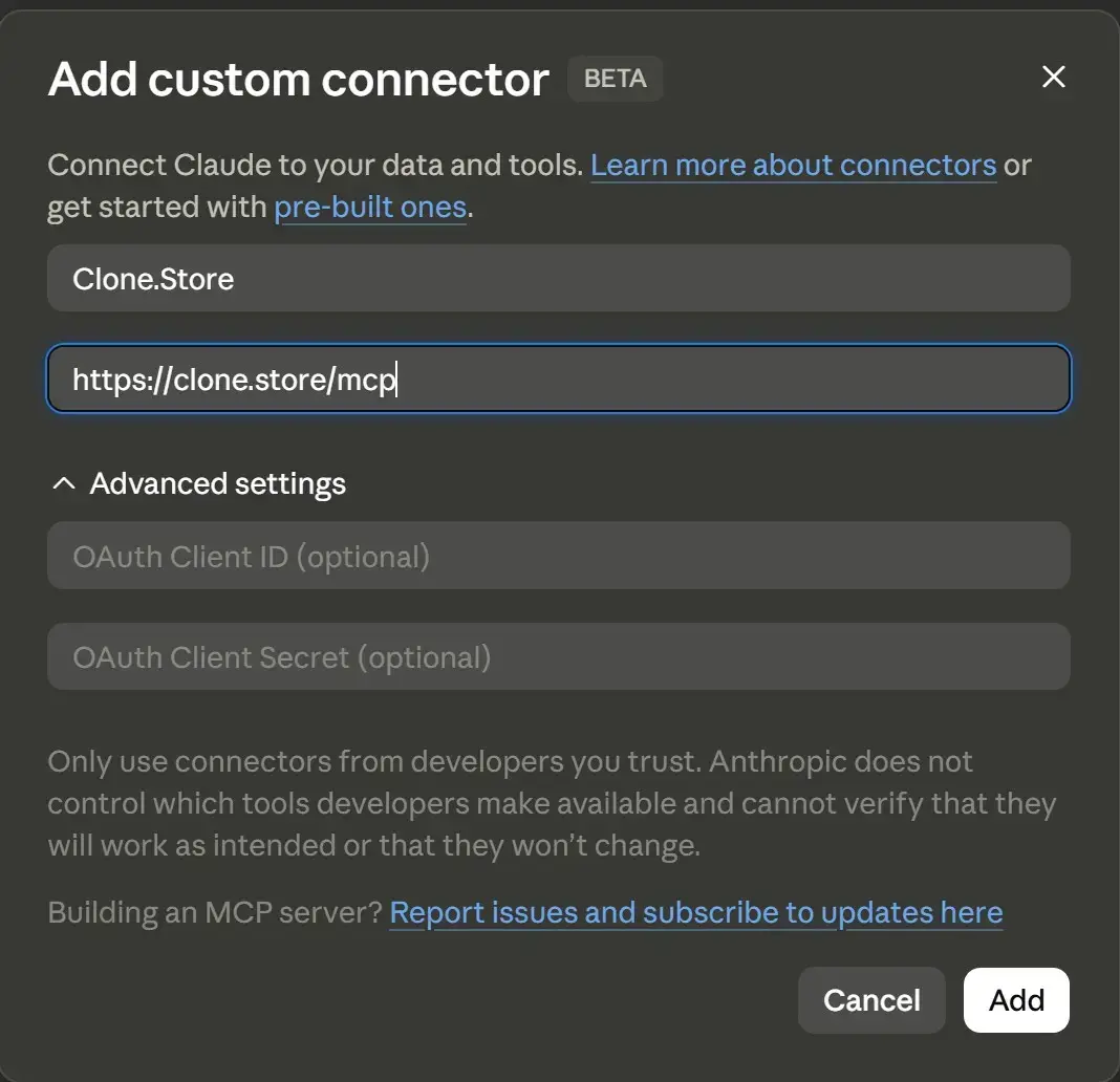 Add custom connector dialog in Claude with the name set to Clone.Store and the URL https://mcp.clone.store/mcp